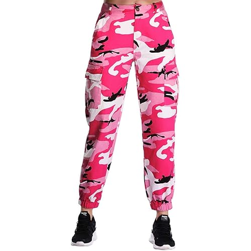 Women's Camo Pants Cargo Trousers Cool Camouflage Pants Elastic Waist Casual Multi Jogger Pants with Pocket