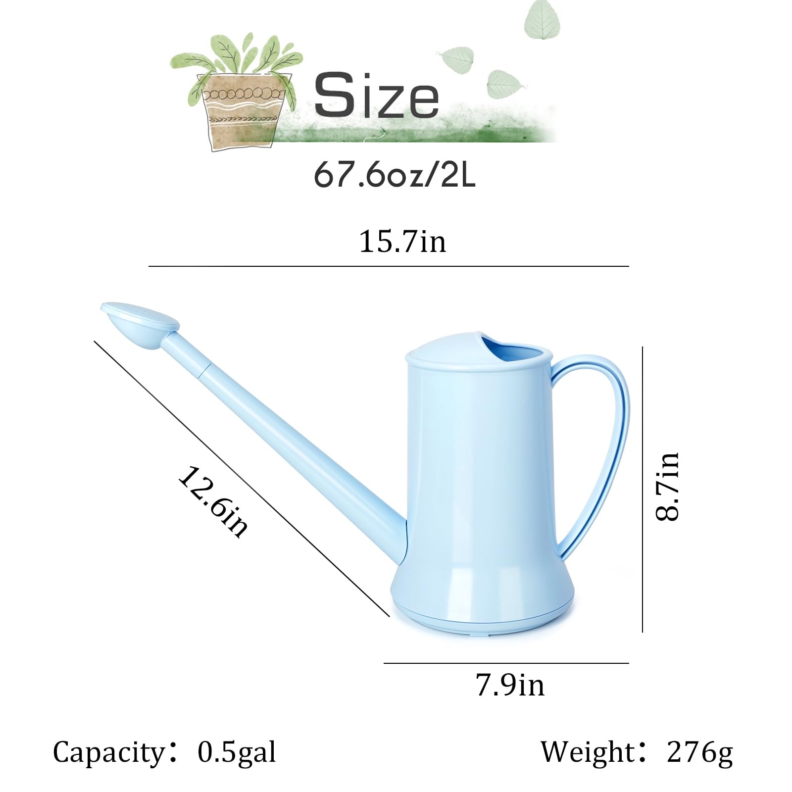 XXXFLOWER Konewka na rośliny zewnętrzne, lekka, Deluxe, plastikowa, 2 l, z odłączaną głowicą zraszacza, do biura, domu, ogrodu, niebieska