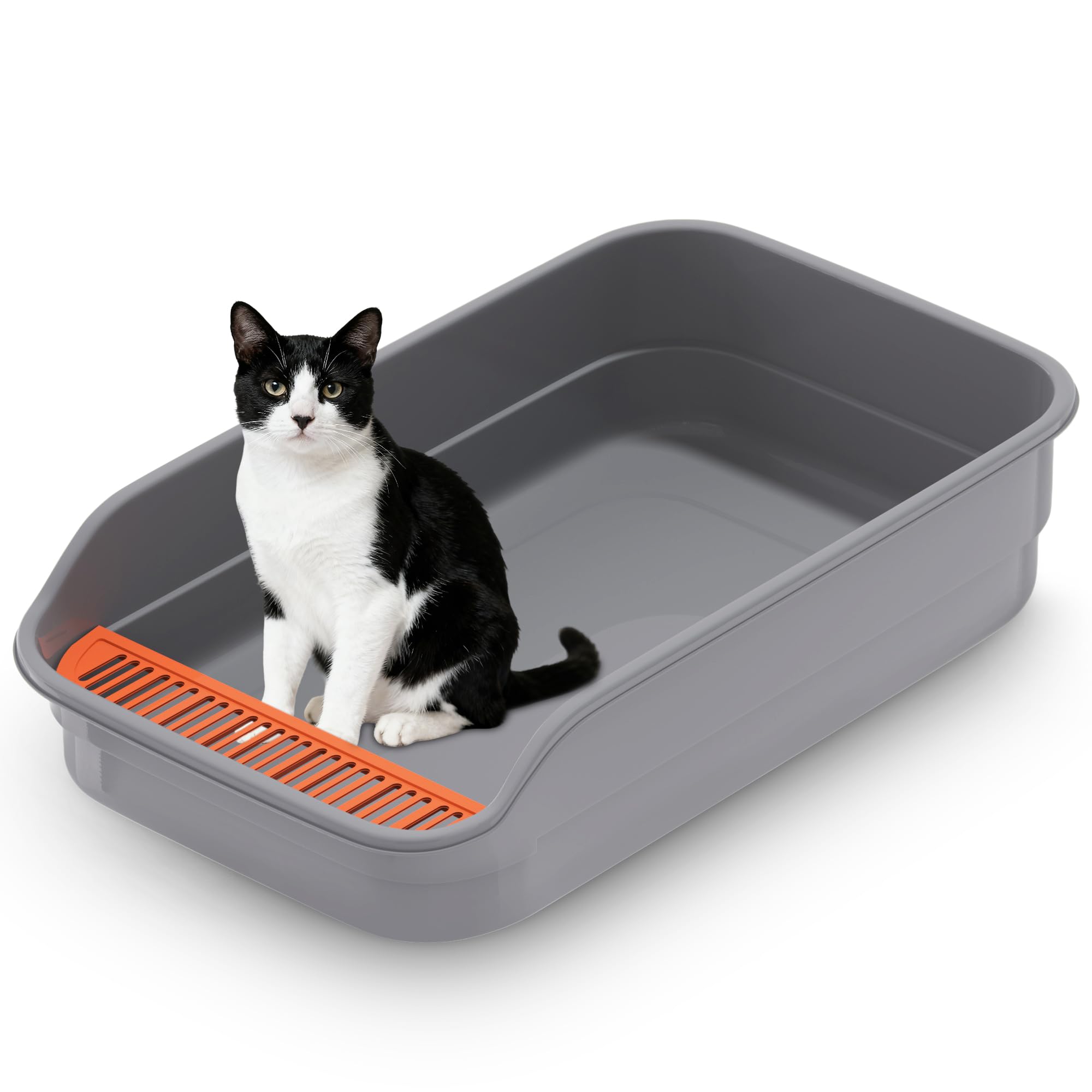 Vealind Bac à Litière Chat XXL， Design Ouvert parois Hautes Anti-éclaboussures pédale Anti-Fuite Grand bac litiere pour Chat， 60×40×16cm，pour Chatons et Grands Chats (Gris)