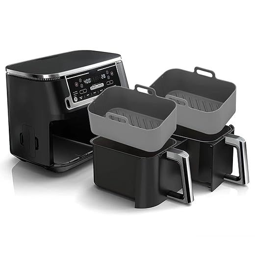 2Pcs Air Fryer Silicone Liners Rectangular for Ninja Foodi Dual DZ201 8QT/DZ090 6QT, MMH Reusable Airfryer Pot Replacement Baking Tray Basket Insert | Non-stick | Easy Cleaning | Food Safe | Gray