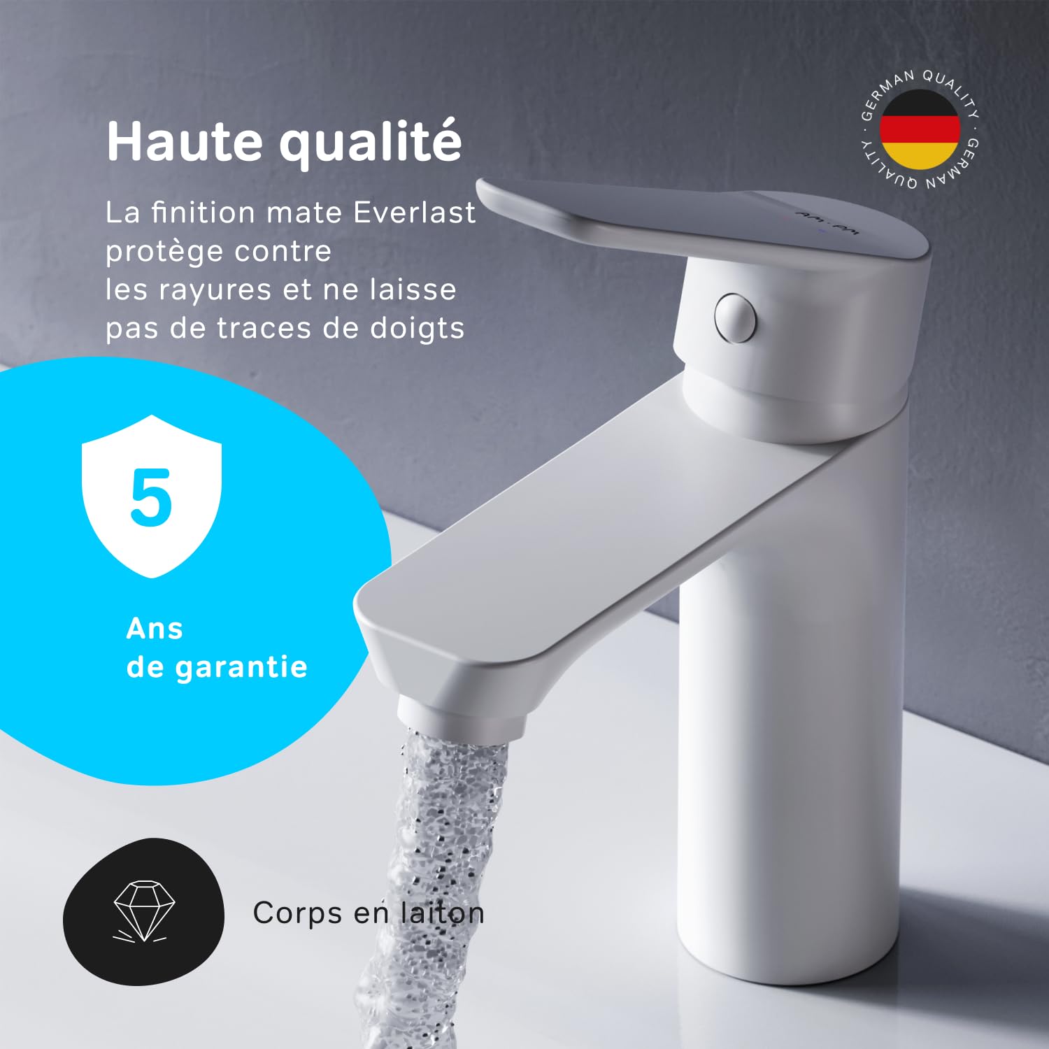 AM.PM Hit FTA02133 – Robinet Lavabo Salle de Bain Mitigeur Lavabo Monocommande avec Cartouche Céramique SoftMotion Ø 33 mm, Anti-rayures, Facile à Nettoyer, Blanc Mat
