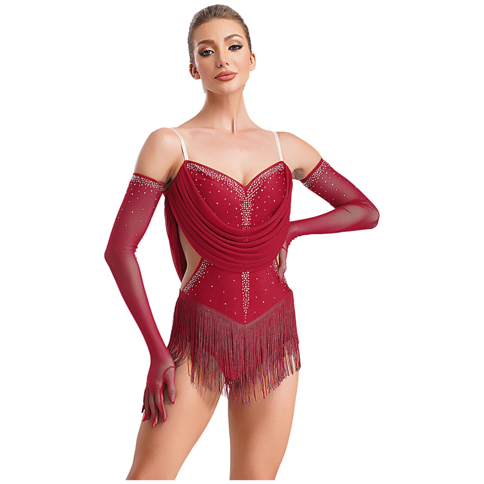 IEFIEL Brillante Body Franges Avec Gants Strass Femme Leotard Danse Latin Tango Rumba Spectacle Danseuse Justaucorps Gymnastique Rythmique
