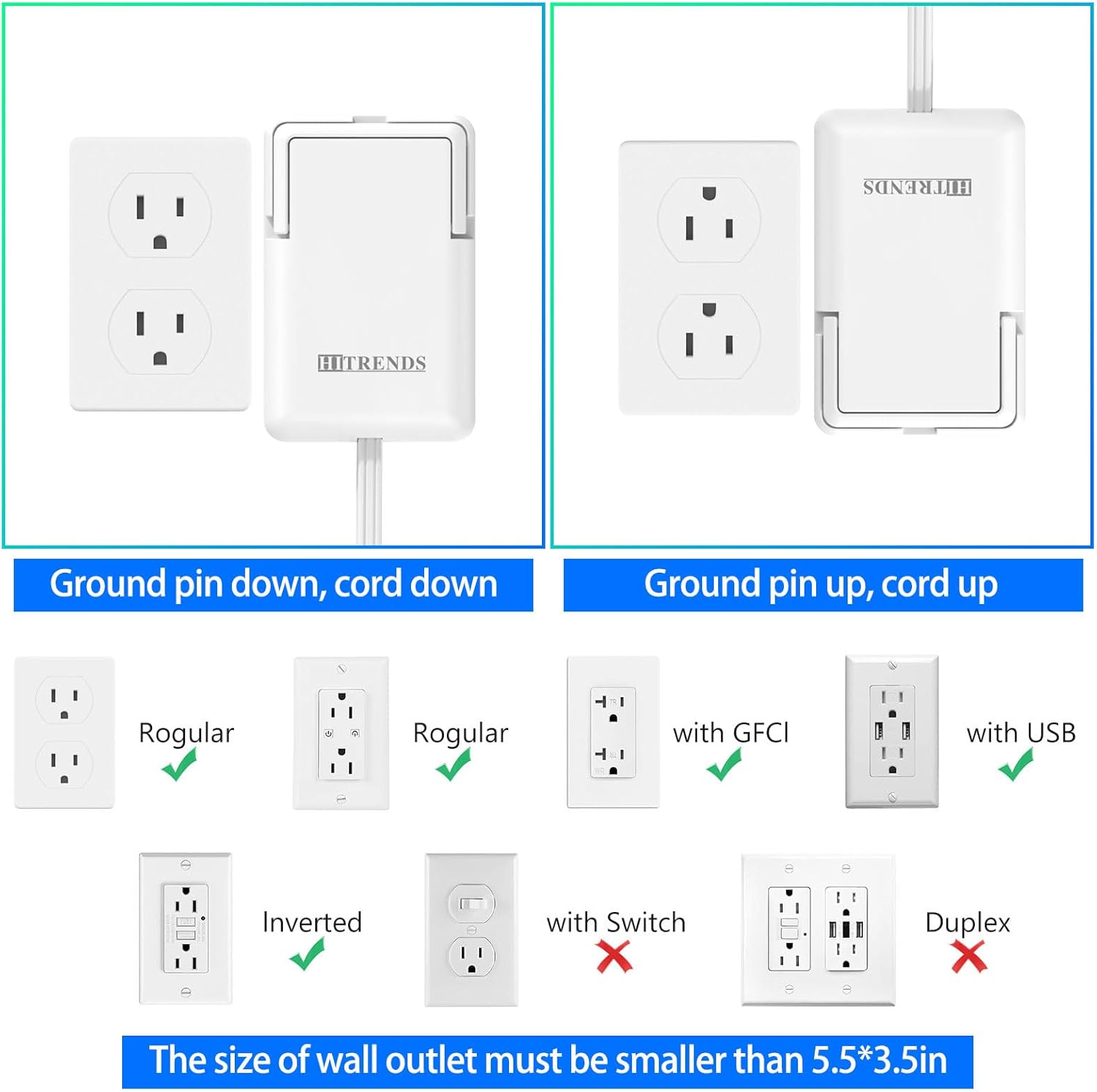 6FT Ultra Flat Plug Extension Cord with 6 Outlets, Slim Outlet Cover Hider Dual Extension Cord, 1625W ETL Certified, Childproof Outlet Cover, White