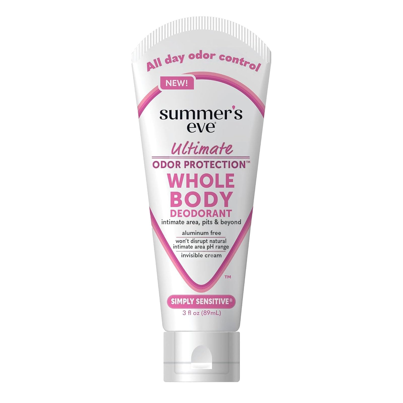 Summer's Eve Simply Sensitive Whole Body Deodorant for Women, Aluminum-Free Ultimate Odor Control Cream, 3 Oz