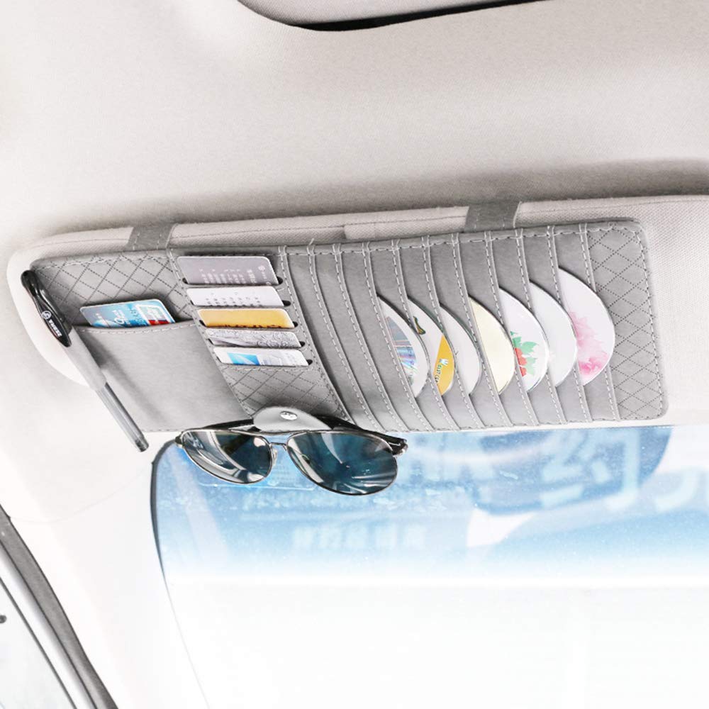 Yolu Auto Car Sun Visor Organizer CD Luxury Leather Shade Organizer CD Travel Holder Bag Cards Wallet Pocket Pen Glasses Clip Cover Storage Electronic Accessory (Gray)