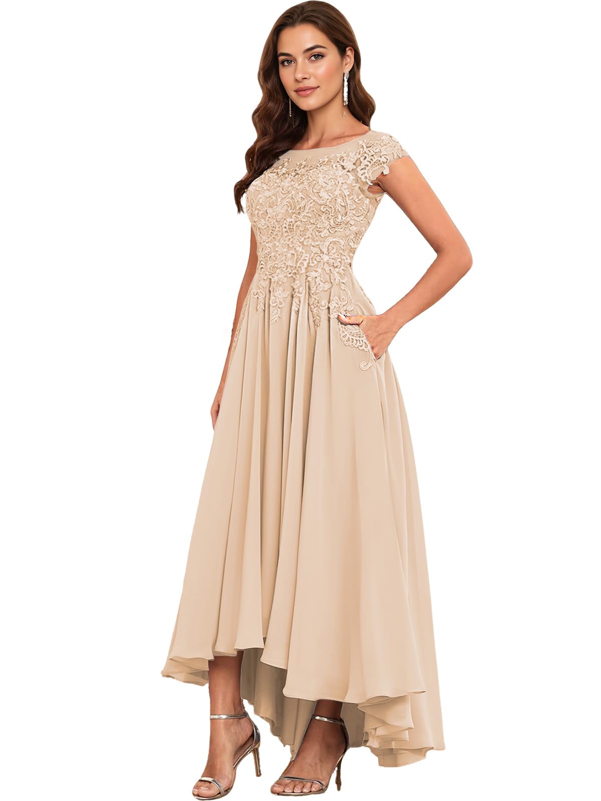 Ontoefy Lace Applique Chiffon Mother of The Bride Dresses for Wedding - Tea Length Formal Evening Gown for Women