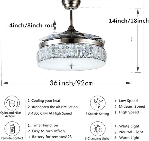 Miniatura 3 de Ventilador de techo de cristal de 36.1in con luces y mando a distancia, moderno invisible retráctil lámpara de 3 colores 3 velocidades LED