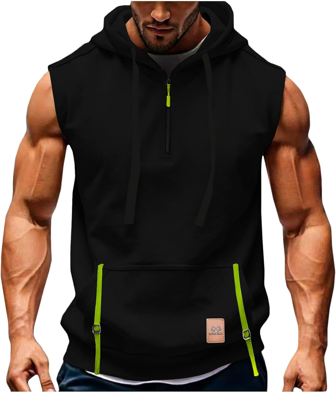 Men's Quarter Zip Sleeveless Hoodie Ribbed Knit Muscle Tank Top Gym Workout Vest Fashion Shirts with Pocket