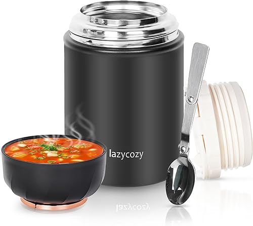 lazycozy Termo para alimentos calientes, 17 onzas, termo de sopa con cuchara plegable, tarro de alimentos aislado al vacío portátil de acero