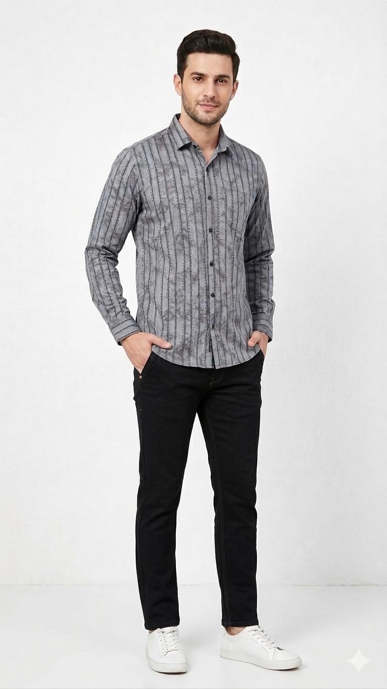Men's Mud Line Striped Casual Shirt, Full Sleeves, Slim Fit, Button-Down Collar-picture-37