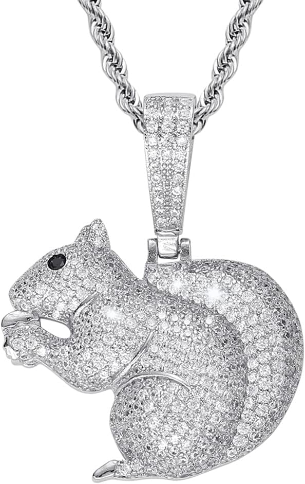 Jewelry Cute Squirrel Pendant Necklace Pave 5A+ CZ Stone Gold Silver Color Hip Hop Crystal Animal Necklace for Men Women with 24 Inch Rope Chain