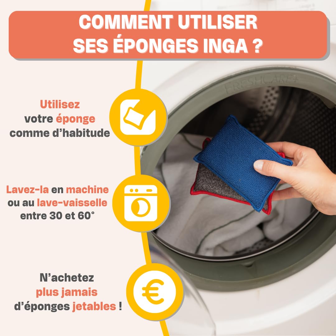 INGA - Kit completo per la pulizia: 8 spugne lavabili multiuso: 4 raschiatori + 2 bagni + 2 padelle e piastre - Una spugna per ogni uso - Ultra efficaci e riutilizzabili - Made in Europe