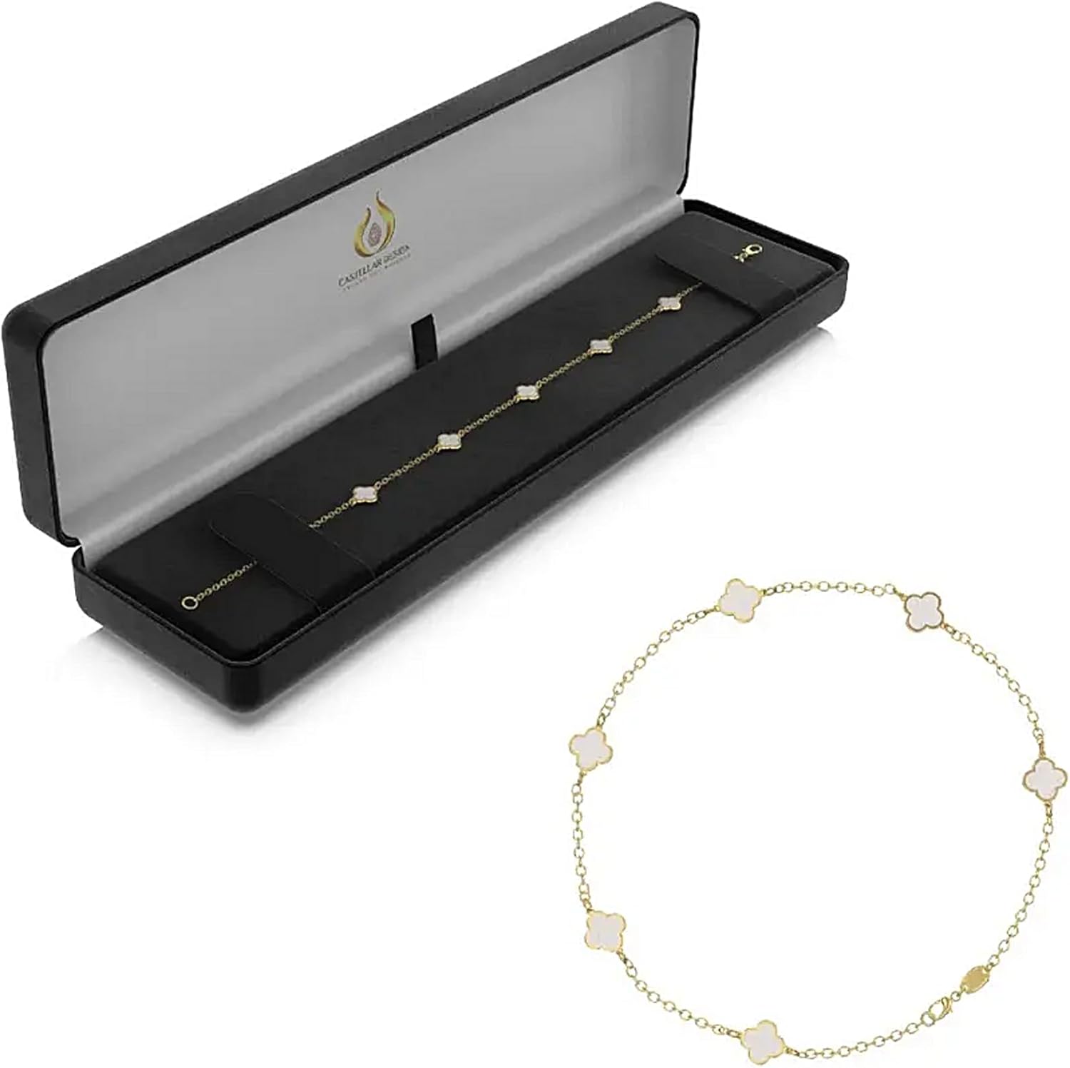 14K Gold Clover Lucky Bracelet for Women Van Cleef & Arpels White Bracelets Cute Bracelets Jewelry Gifts Trendy for Women Mother of Pearl, 7 Inches Italian Charm & 100% Solid Gold Chain, Package may vary