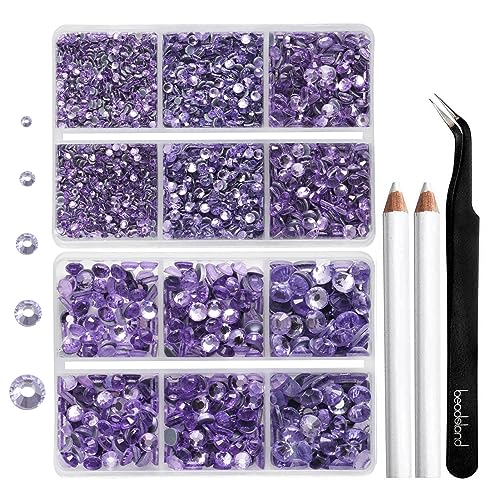 Strass Thermocollant pour Vetement,Strass Hotfix violets pour Artisanat et Vêtements,5 Tailles Mélangées,Cristaux Thermo-Collants avec Kit Pince et Crayon...
