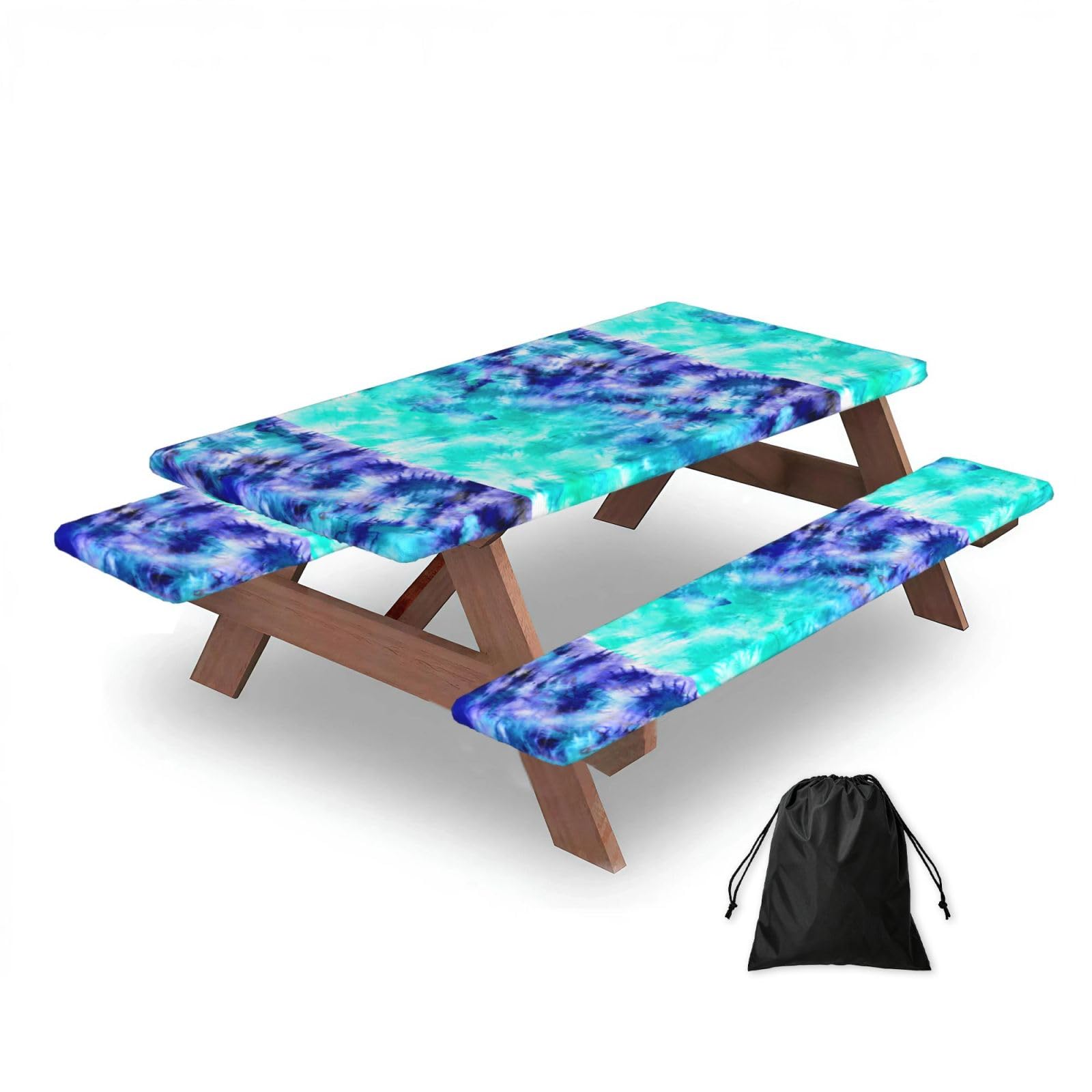 Dopklna As Picture Watercolor Teal Blue Tie Dye, Picnic Table Cover With Bench Covers -Waterproof Elastic Fitted Tablecloth For Garden Camping Patio 76X152cm