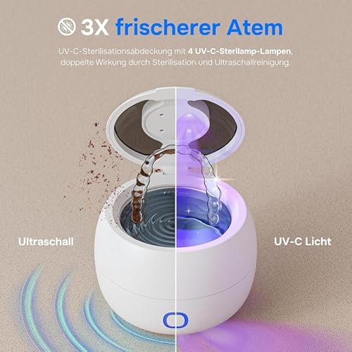 Ultraschallreiniger für Zahnspangen | Reinigen Sie Ihre Zahnprothesen einfach und schnell mit Ultraschall-Technologie | Mundschutz-Reiniger | Nachtschutz-Reiniger | Aligner-Reiniger