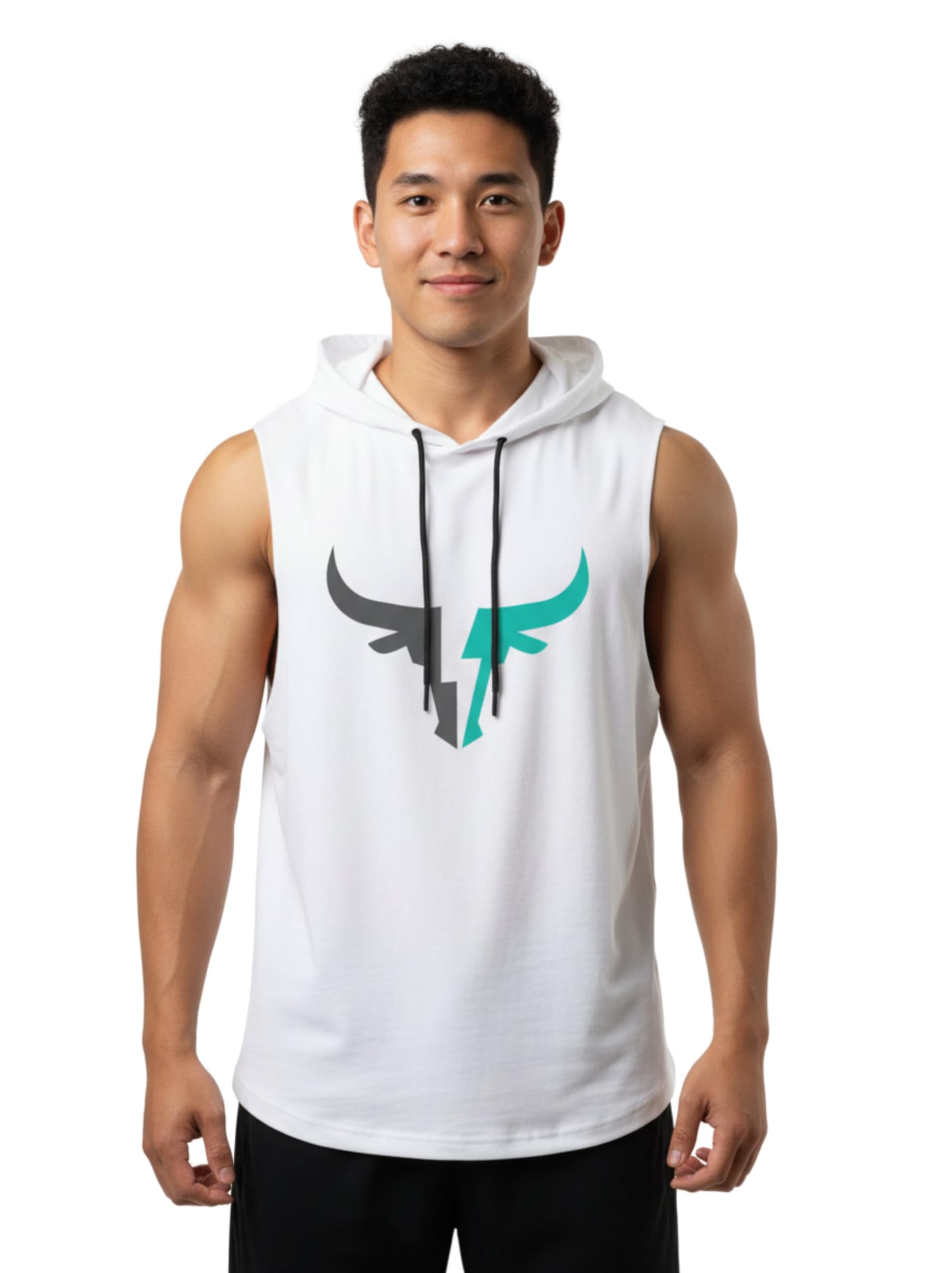 Men's Sleeveless Hoodie T-Shirt, Black with Bull Graphic Print, Gym Workout Tank Top Gym Tshirt Grey Geen Bull Printed-image-11