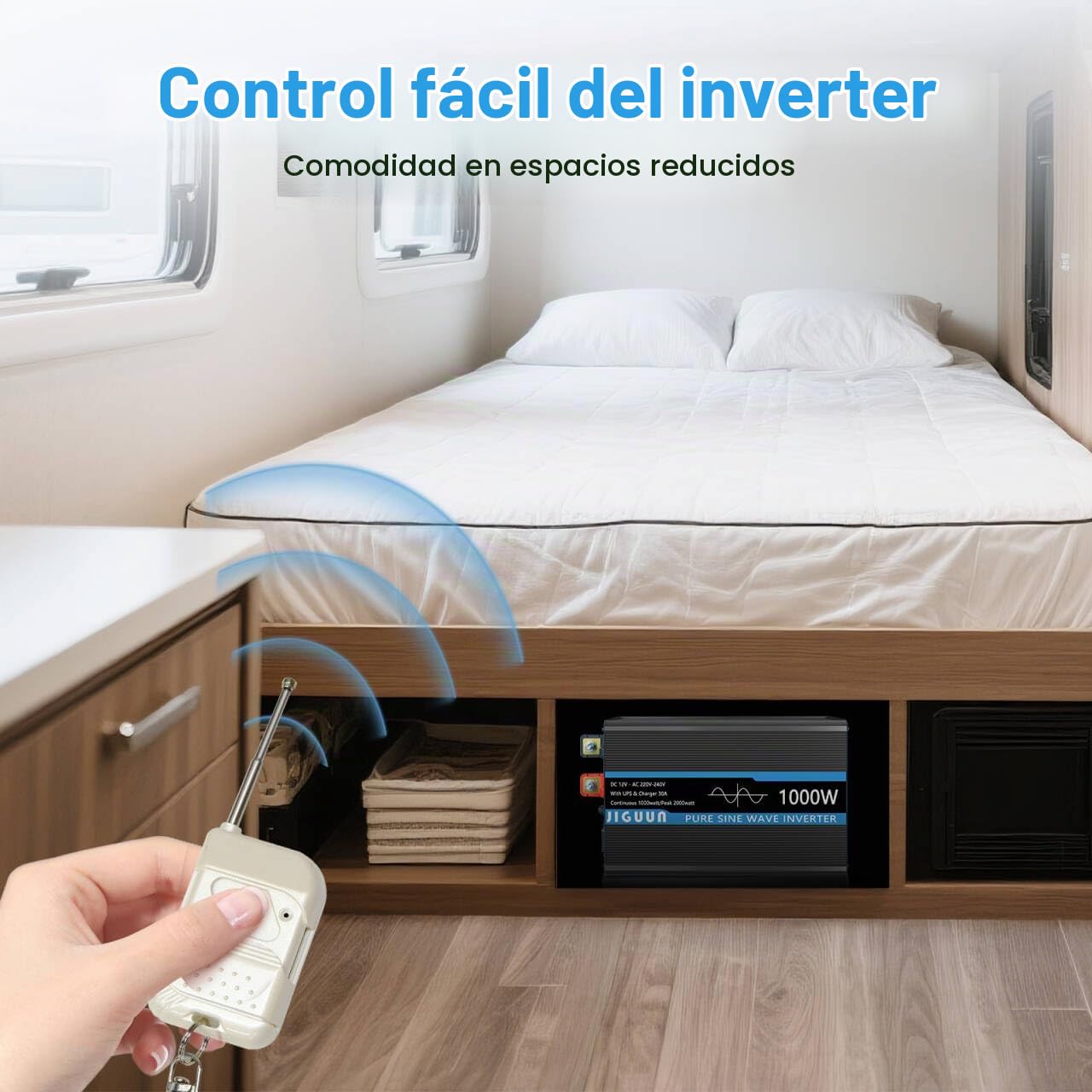 JIGUUN 1000W Inversor 12V 220V Onda Pura Inverter con Cargador 30A y Circuito Prioritario de Red y SAI，2 Tomas EU, Mando a Distancia Inalámbrico y Pantalla LCD Potencia Pico 2000W (1000W12V)