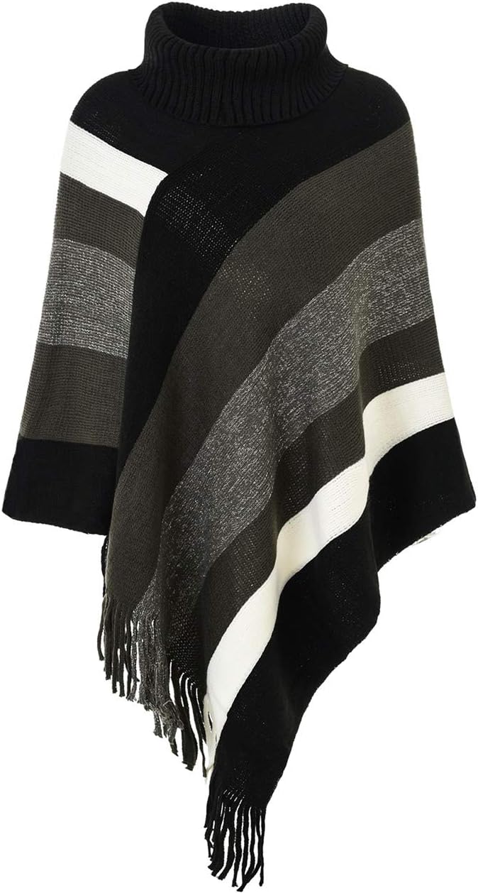 Ferand Women's Striped Poncho Sweater Cozy Knit Fringe Shawl Wraps for Fall Winter