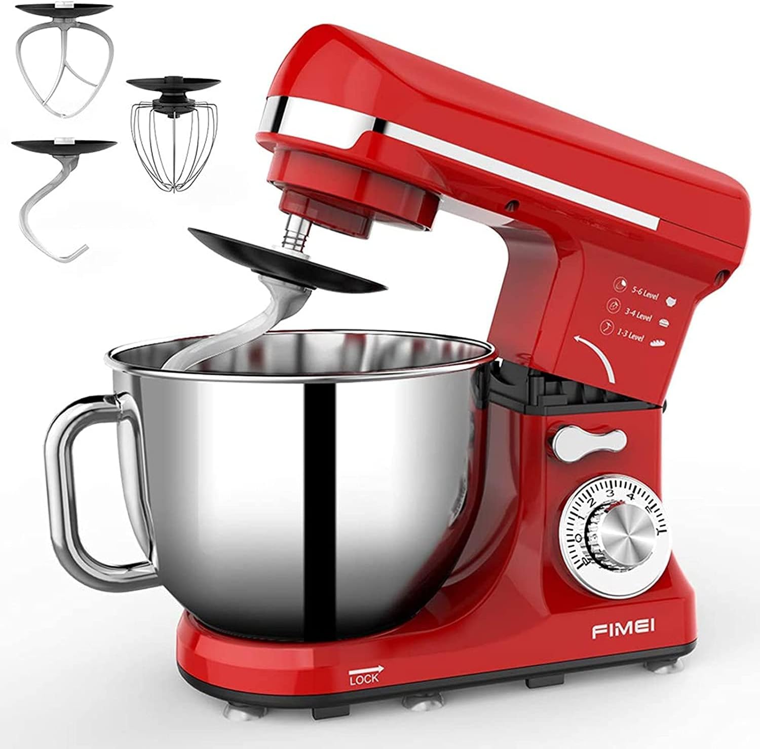 FIMEI Stand Mixer,5L Dough Mixer,6 Speeds,1000W,Dough Hook & Beater with Ceramic Glaze(Dishwasher Safe),Whisk,Anti-Oil Cover,Splash Guard,Anti-Slip,UK Plug,(Red)