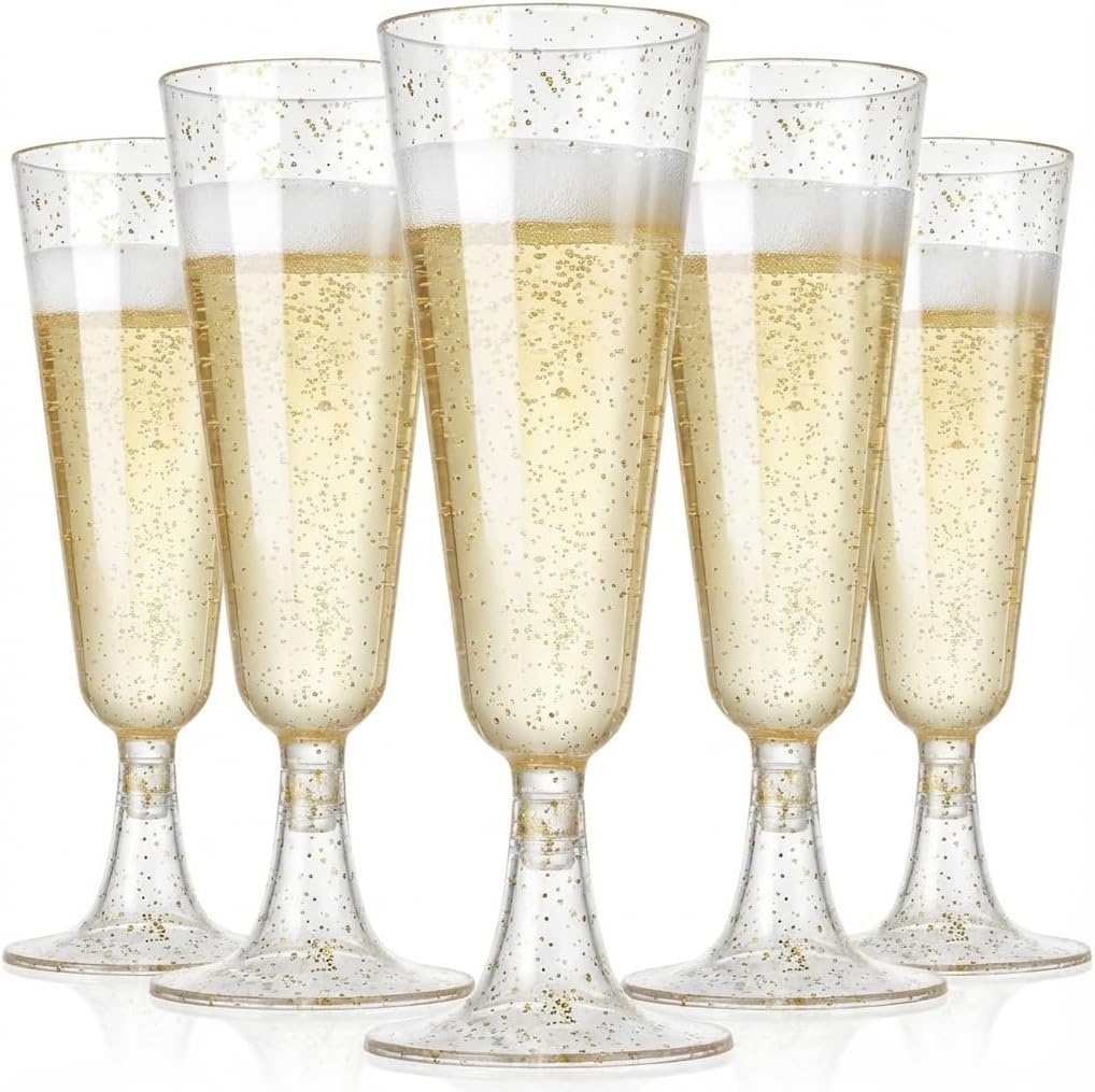 50 Pack Plastic Champagne Flutes 5.5oz Gold Glitter Disposable Suitable for Wedding, Birthday Party, Thanksgiving Day, Christmas Supplies