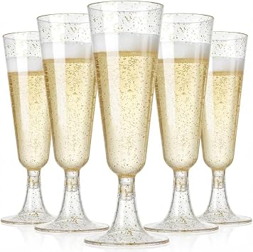 25 Pack Plastic Champagne Flutes 5.5oz Gold Glitter Disposable Suitable for Wedding, Birthday Party, Thanksgiving Day, Christmas Supplies
