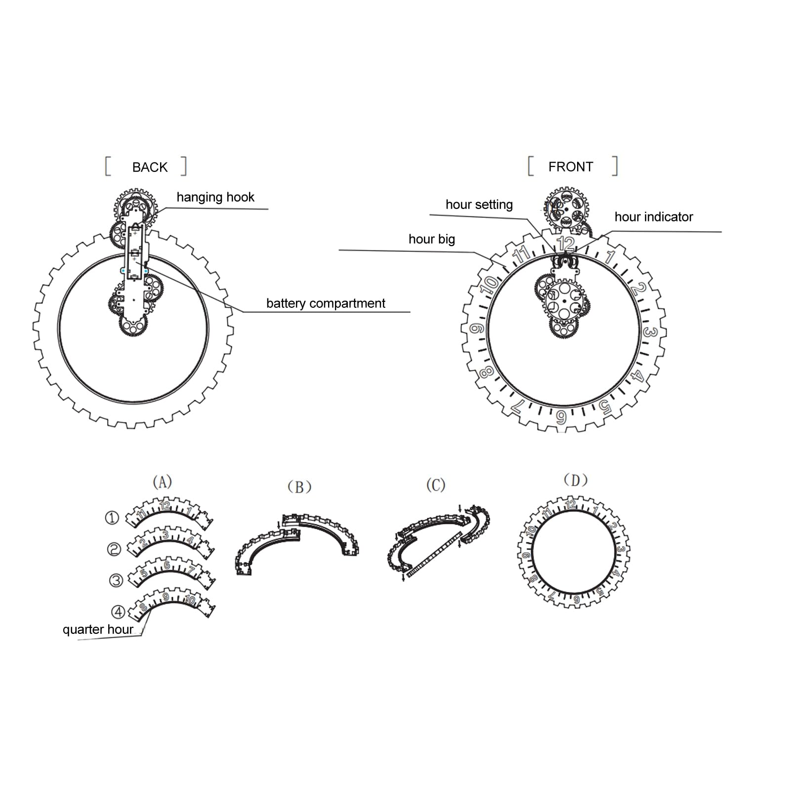 AUNMAS Große Hängende Zahnraduhr, Rhythmische PVC-Zahnräder, Edelstahl, Mechanische Zahnraduhr, Retro-Wandkunst, Dekorative Uhr (Black)