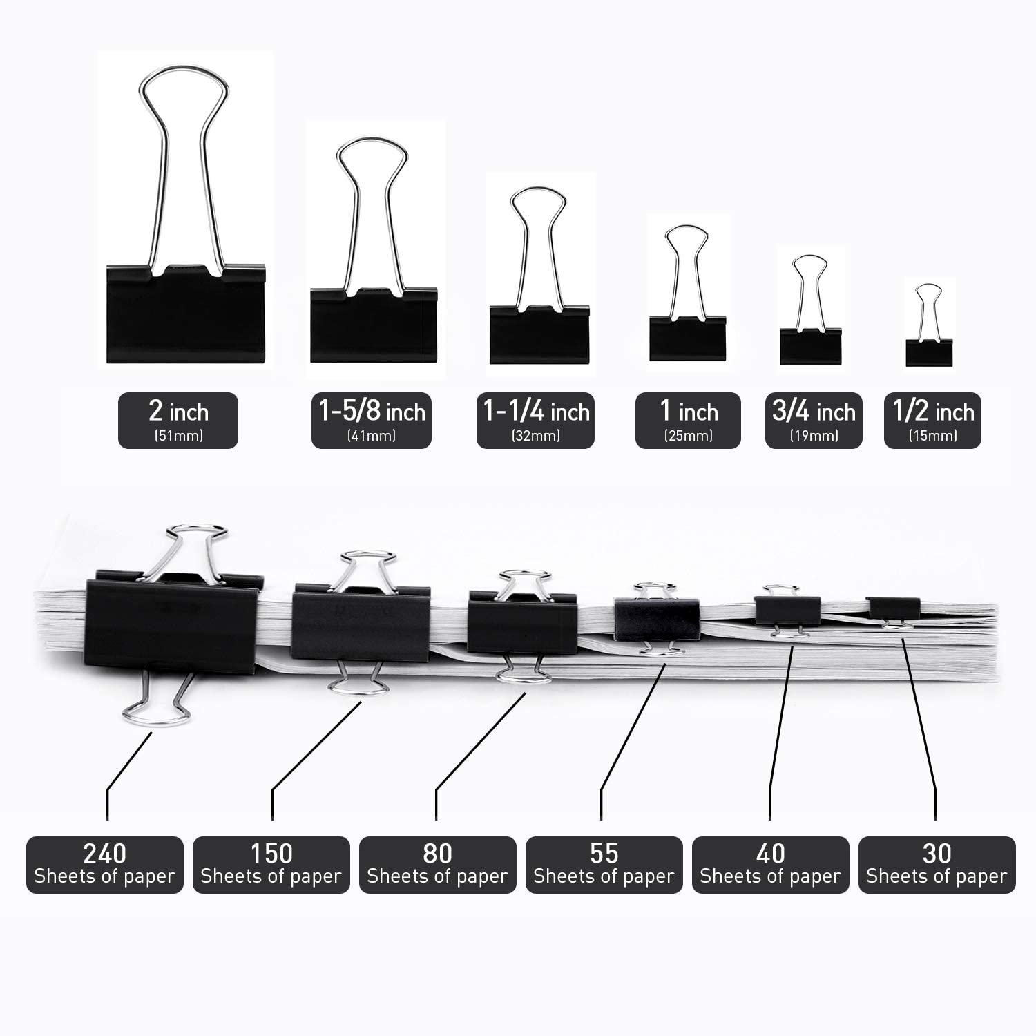Lot de 288 mini pinces à reliure, 1,6 cm, standard 15 mm, noir, mini trombones, pince pliante, capacité 0,6 cm, mini trombones, fournitures de bureau, micro-pinces.