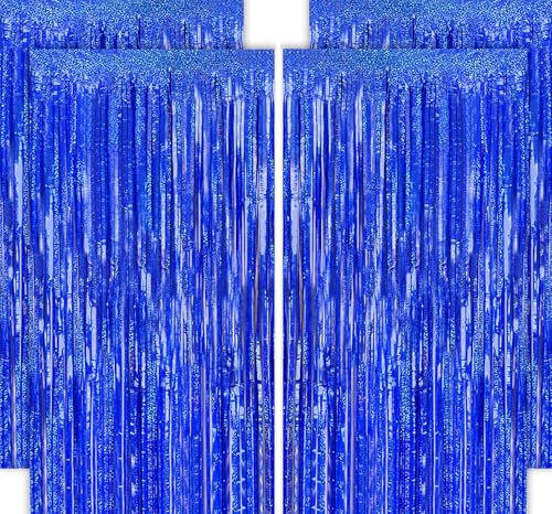Image of 4 Pack Blue Fringe Backdrop 12.8x8.2 Feet Sparkle Metallic Tinsel Foil Fringe Curtain, Navy Blue Fringe Curtains Party Decorations for Christmas Birthday Graduation