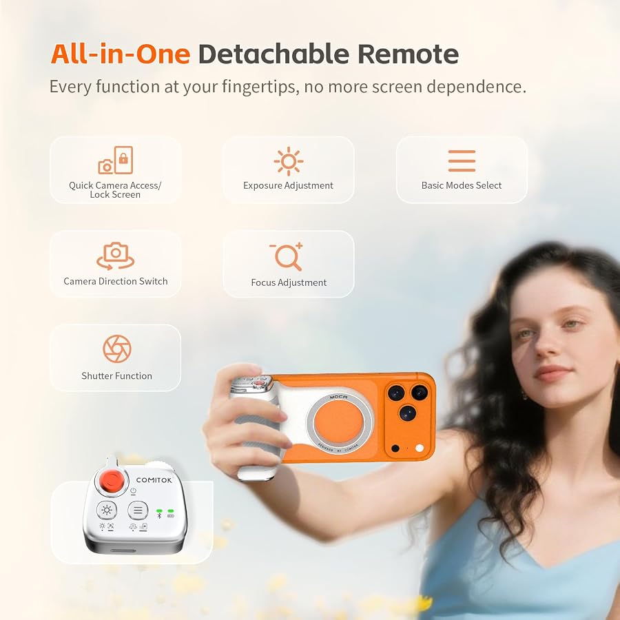 COMITOK MOCA - iPhone Camera Grip - for Native Camera Control with Removable Remote & Built-in Keychain, Magnetic Phone Camera Grip No Need App Support iOS26/17/18, Fun Shot Magnetic Grip with 1/4 Nut - image 5
