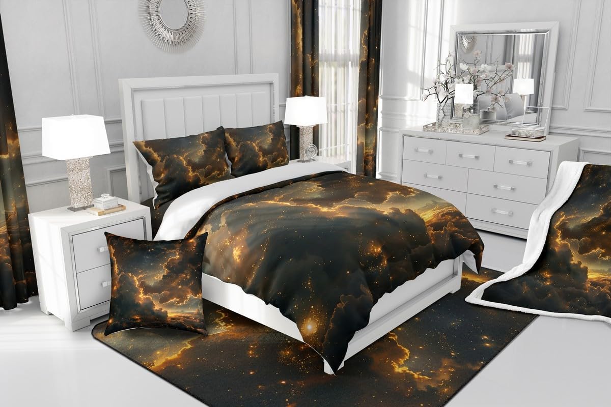 Homewish Natural Cloud Duvet Cover Set Toddler Size,Golden Starry Galaxy Glitter Quilt Cover for Kids Boys Girls Night Sky Cloud Nebula Print Bedding Set with 1 Pillowcase,No Comforter
