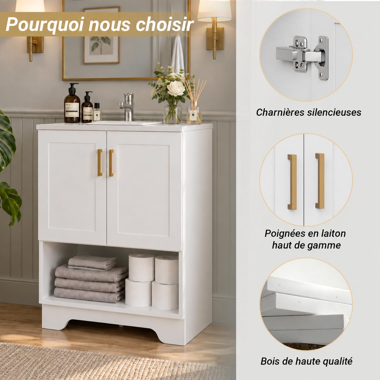 Meuble Vasque Salle De Bain 60cm sur Pied avec Vasque en Céramique, Bois d'Ingénierie, 2 Portes et Étagère Ouverte, Meuble pour Lave-Mains WC, Finition Blanc, Poignées Métal Doré,