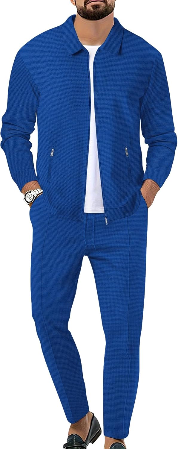 Men’s Waffle Tracksuit 2 Pieces Set Casual Long Sleeve Zip Up Sweatsuits Solid Athletic Jogging Suit Sets