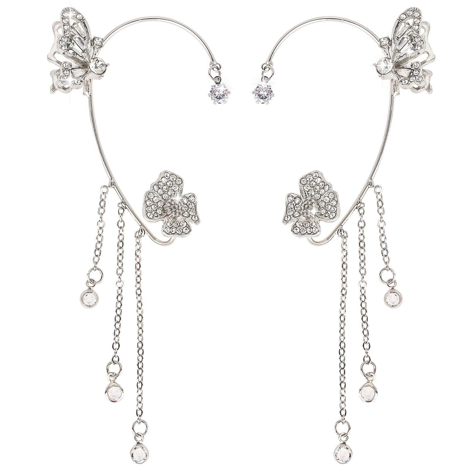 Silver Butterfly Drop Dangle Earrings - Zircon Rhinestone Ear Cuffs for Women - No Piercing, Perfect for Birthday or Wedding
