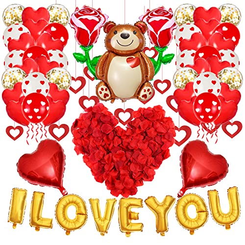 YHmall Décorations Saint Valentin Ballons Romantique Decoration avec 500pcs Petales de Roses Rouge Coeur Rouge Ballon I Love You Ours pour Saint Valentin Fiançailles et Mariage Anniversaire Fête Cover
