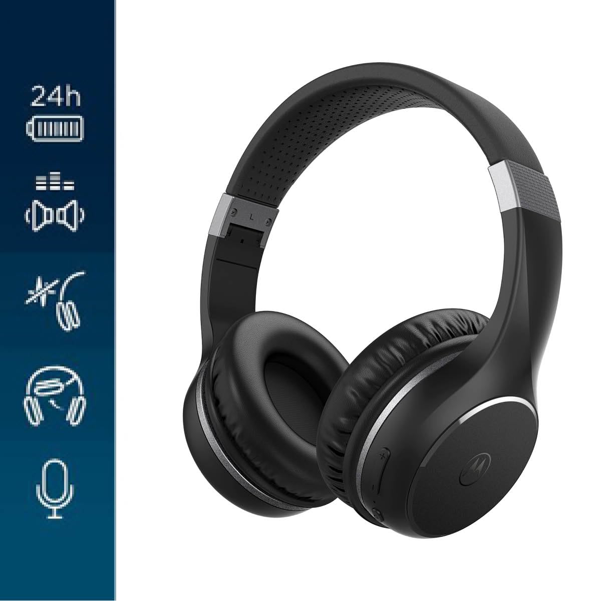 Motorola Sound Moto XT 220 | Casque sans Fil avec 24 Heures de Temps de Jeu et Microphone | Isolation Acoustique Passive et Pliable | Noir