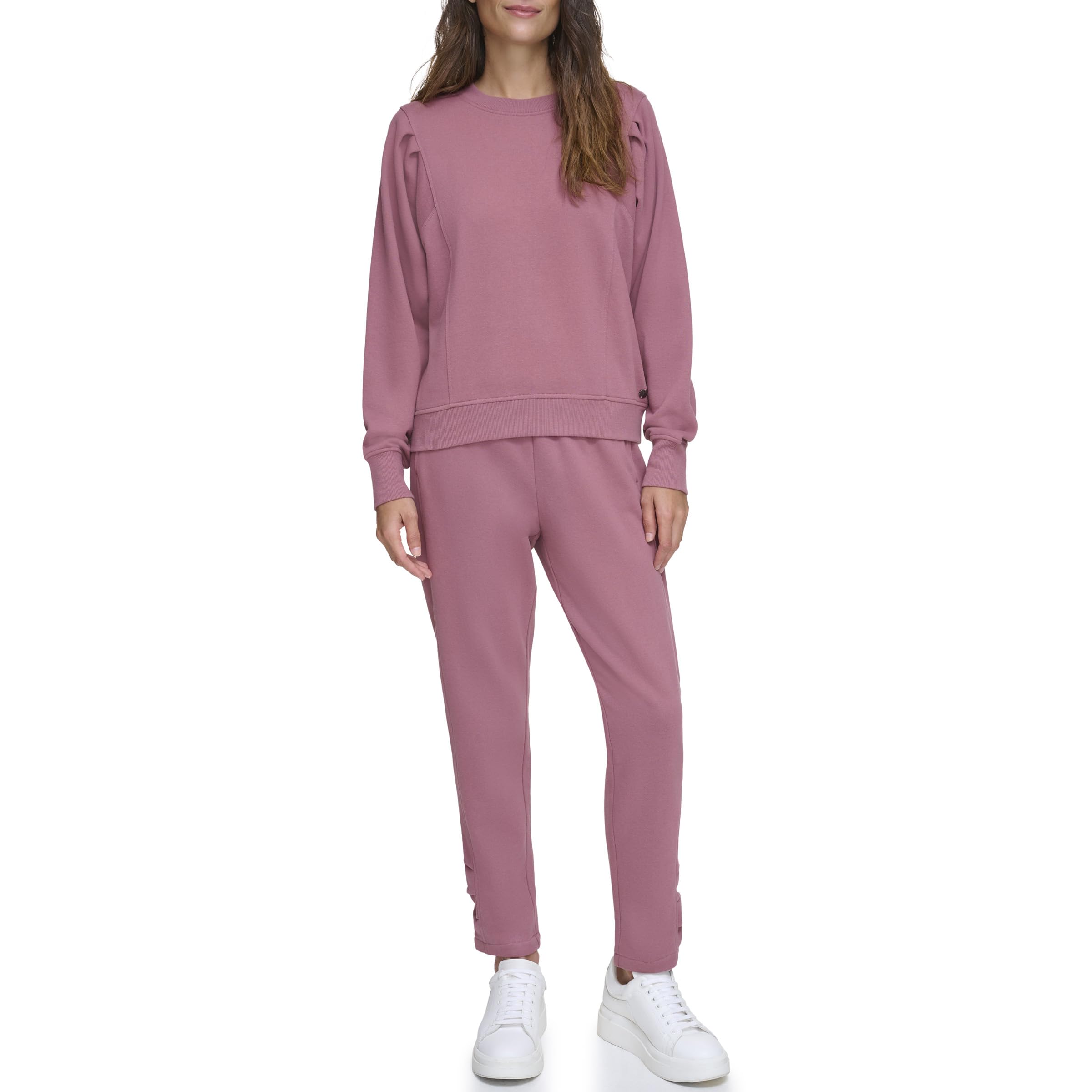 Andrew Marc womens Pleated Shoulder Crewneck Fleece Top