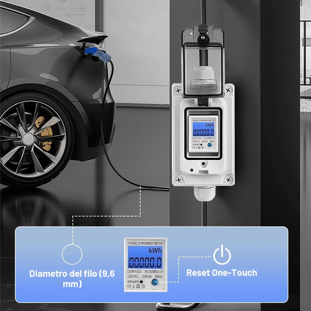 Contatore elettrico digitale portatile, 230 V, 16 A, per presa di corrente, per esterni, IP67, impermeabile, contatore intermedio per esterni, con cavo in gomma, portatile, per camper veicoli