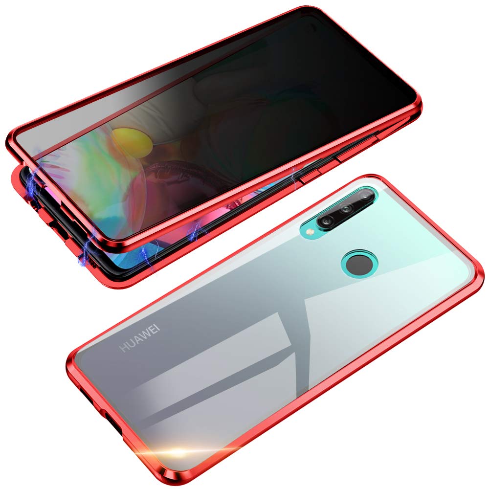 Jonwelsy Anti-Spy Case for Huawei P40 Lite E / Y7P, 360 Degree Front and Back Privacy Tempered Glass Cover, Anti Peeping Screen, Magnetic Adsorption Metal Bumper for Huawei P40 Lite E / Y7P (Red)
