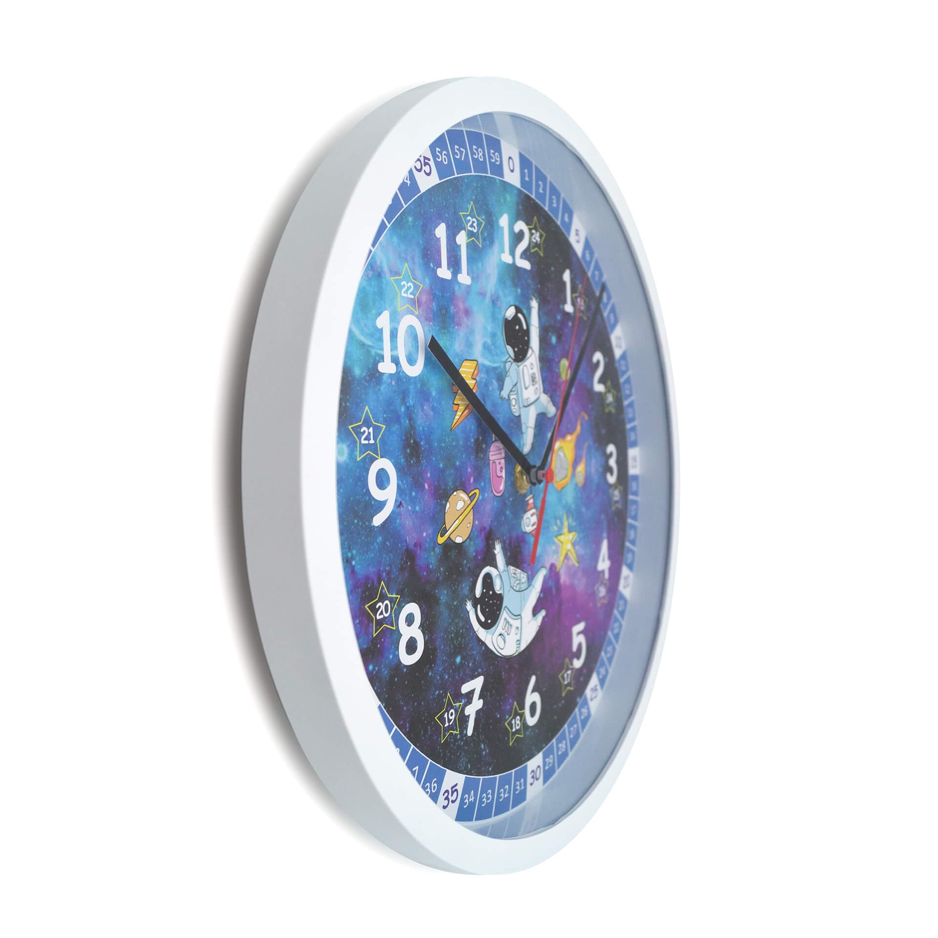 K&L Wall Art lautlose Astronauten Wanduhr leise Kinder Lernuhr 30cm für Junge Mädchen lustige Kinderuhr 30cm