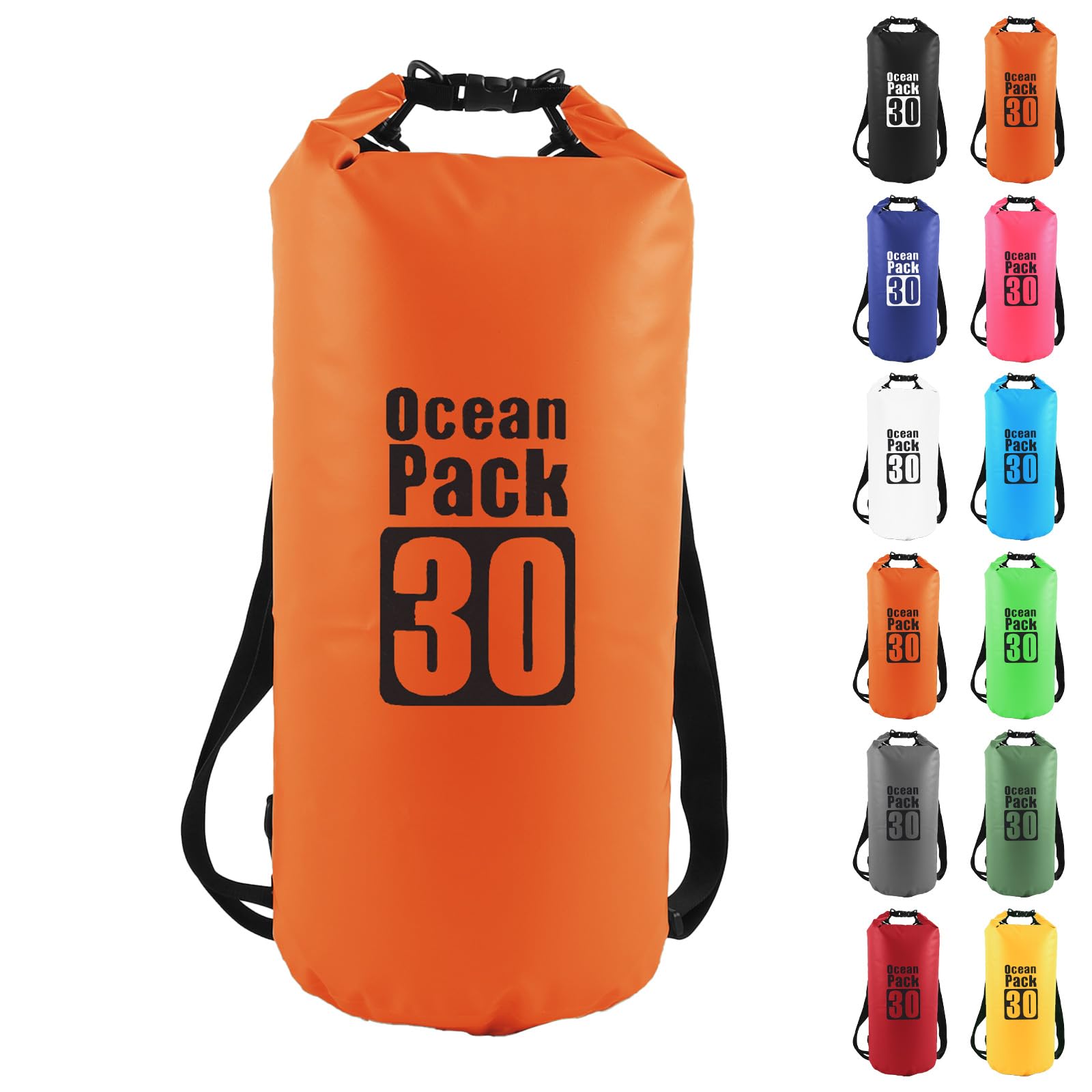 MOMAHUA 30L Waterproof Dry Bag Backpack with Double Shoulder Straps - Orange Durable PVC Roll Top Dry Sack - Heavy Duty Reusable Rucksack for Kayaking, Boating, Beach & Travel