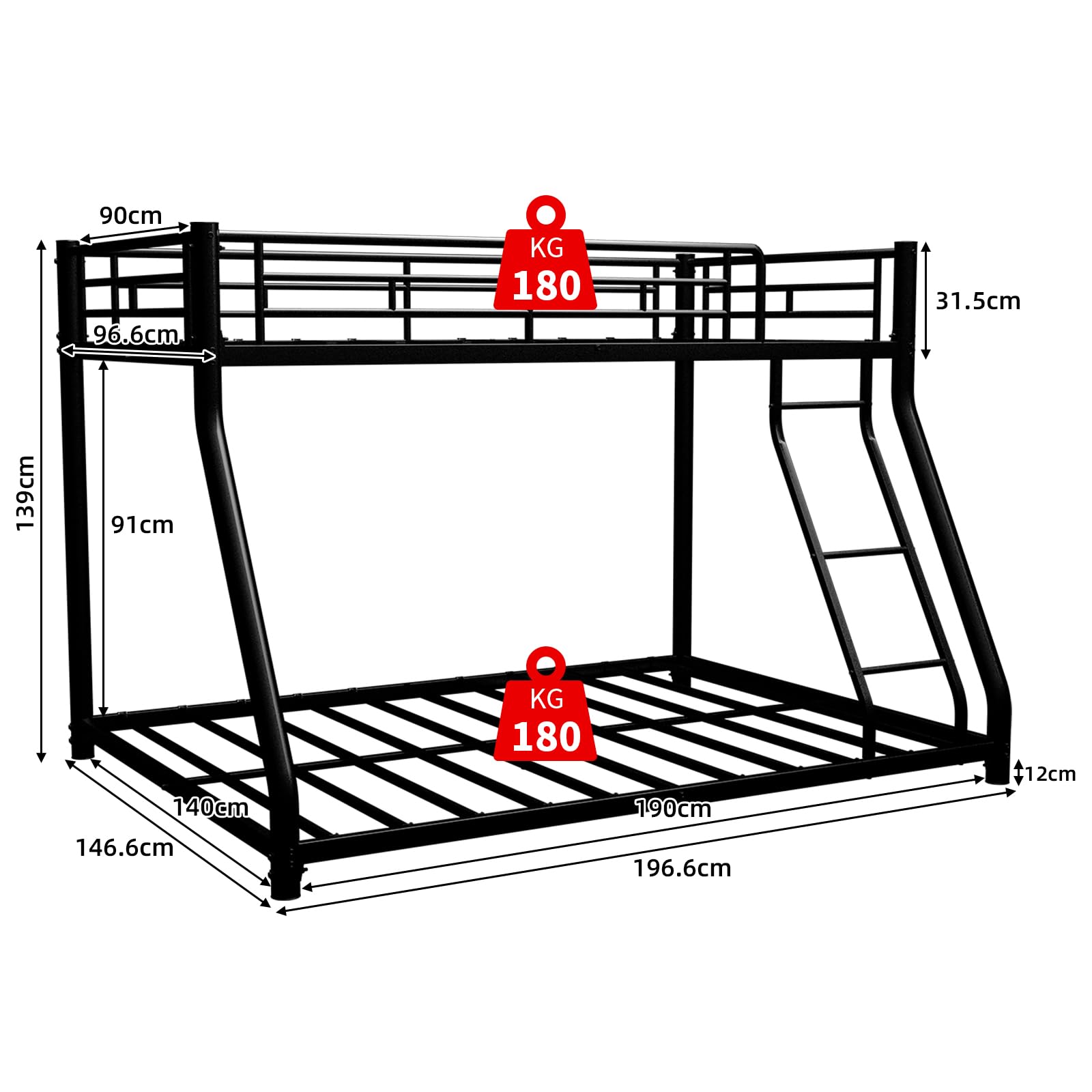 Zepneiy Litera con Superior Medida 90 x 190 cm e inferior Medida 140 x 190 cm, Cama entrepiso de 2 plazas con escalera y estructura de metal negro (sin colchón)