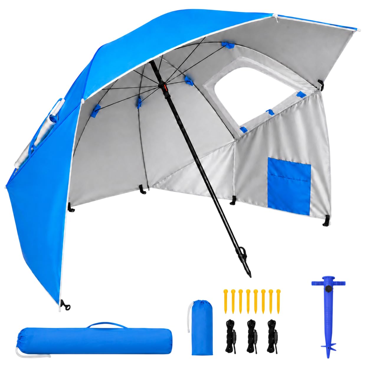 Pincho Grand parasol de plage de 220 cm type tente avec protection solaire UV50+ anti-vent, imperméable, respirant, 3 positions, montage avec ailes et fenêtres et piquets tendeurs d'ancrage inclus