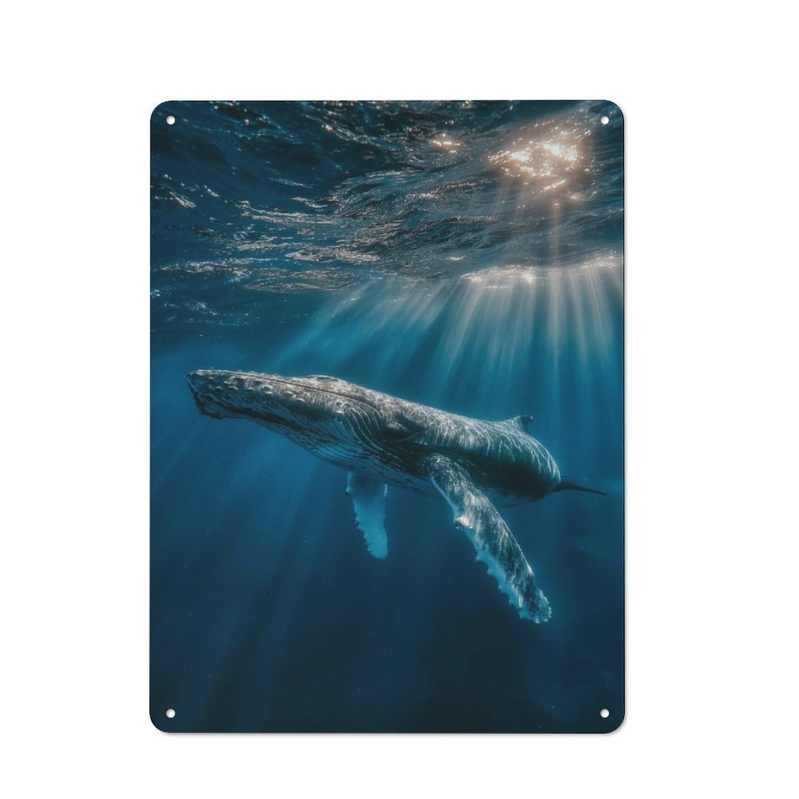 Whale Swimming Underwater with Sunlight Loft Style Metal Wall Decor 40x30cm, Decorative Metal Plaque for Loft, Studio, Office Or Creative Room