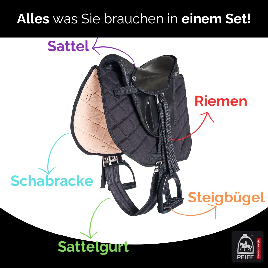 PFIFF 103122 Kinder Sattelset für Holzpferde, Reitset, Sattel und Trense für Spielpferde, Schwarz, MS