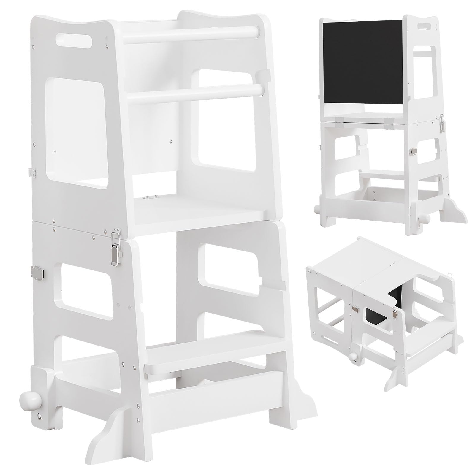 Yorbay 3 in 1 Lernturm ab 1 Jahr: Montessori Lernturm mit Tafel - Learning Tower für Kinder mit Sicherheitsfüßen - Der Tritthocker Verwandelbar in Kindertisch und Stuhl - für Küche Tisch Bad