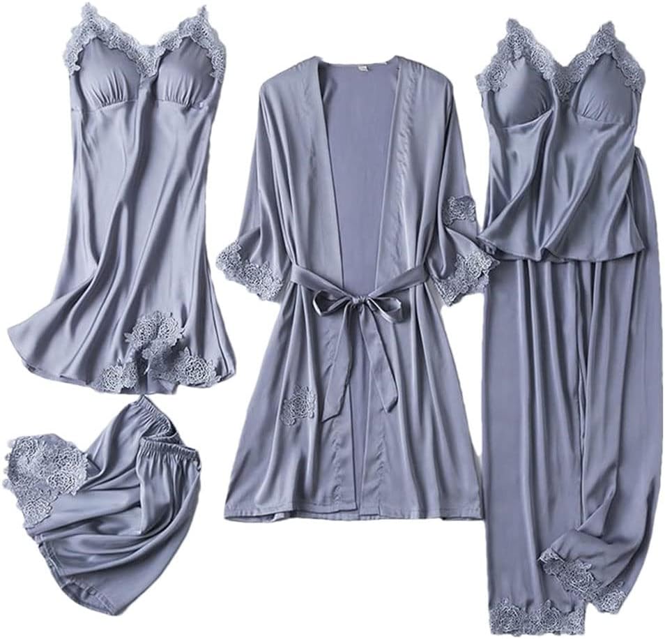 Haitpant Sexy Nighty Bathrobe Gown Sets Women Lace Satin Robe With Chest Pads Nightgown Sleep Suit Spring Kimono Sleepwear