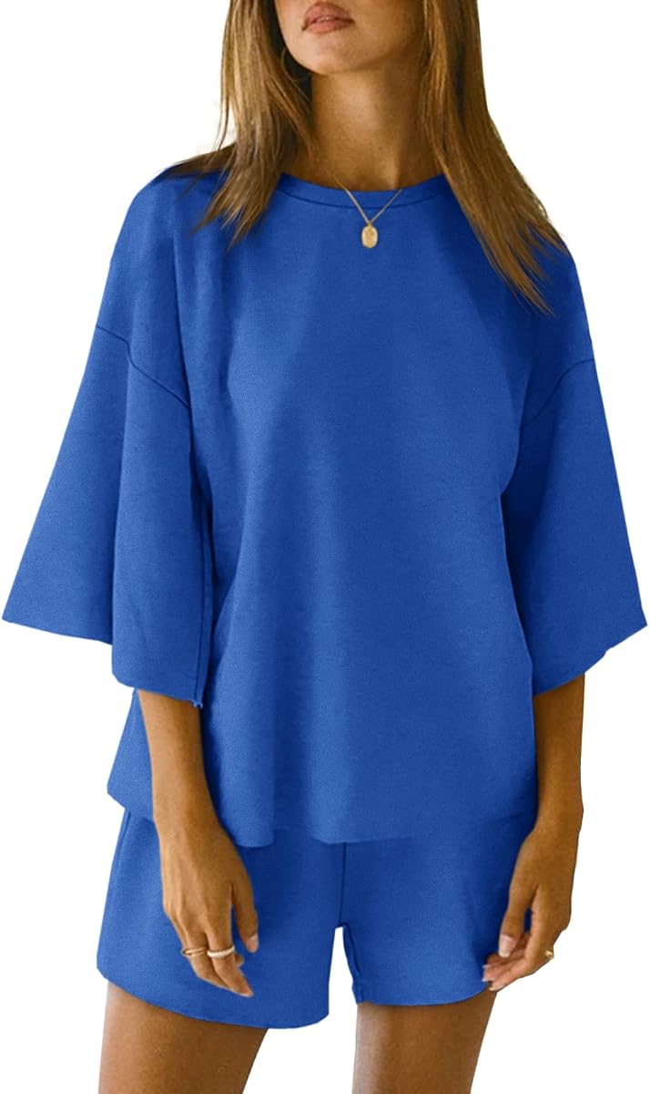 Tankaneo Womens 2 Piece Pajama Sets Oversized Tops Loose Shorts Lounge Sets