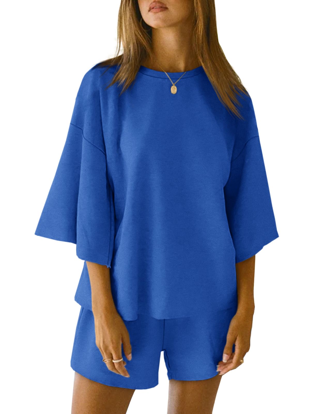 Tankaneo Womens Pajama Sets 3 4 Sleeve Oversized Tops and Elastic Waist Shorts Lounge Sets Loungewear