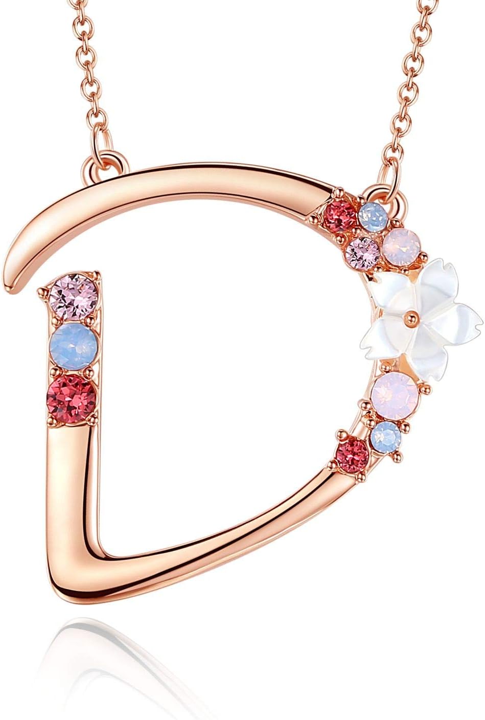 Flower Initial Letter Necklace Pink Red Blue Simulated Pearl Pendant Name Jewelry Made with Austrian Crystals Rose Gold Plated Anniversary Birthday Gifts for Women,18"+2"